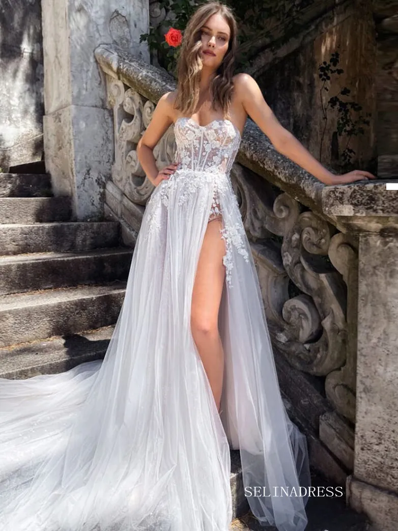 A-line Sweetheart White Lace Wedding Dresses Elegant Tulle Wedding Gowns With Slit EWR816