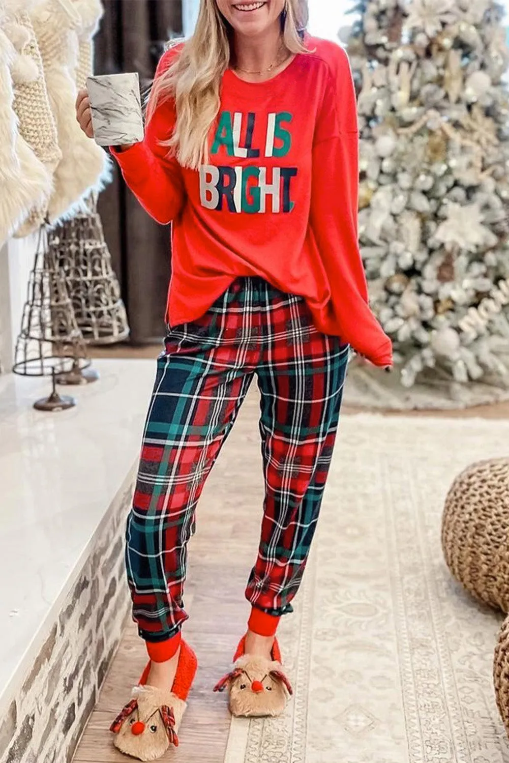 All Is Bright Christmas Plaid Pajama Set