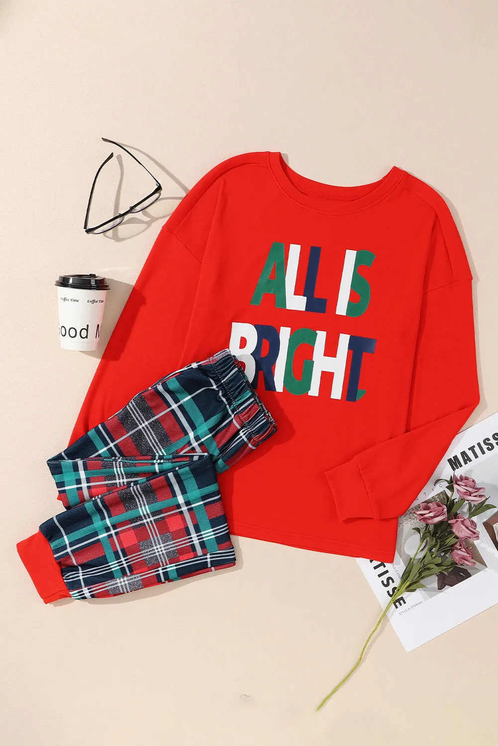 All Is Bright Christmas Plaid Pajama Set