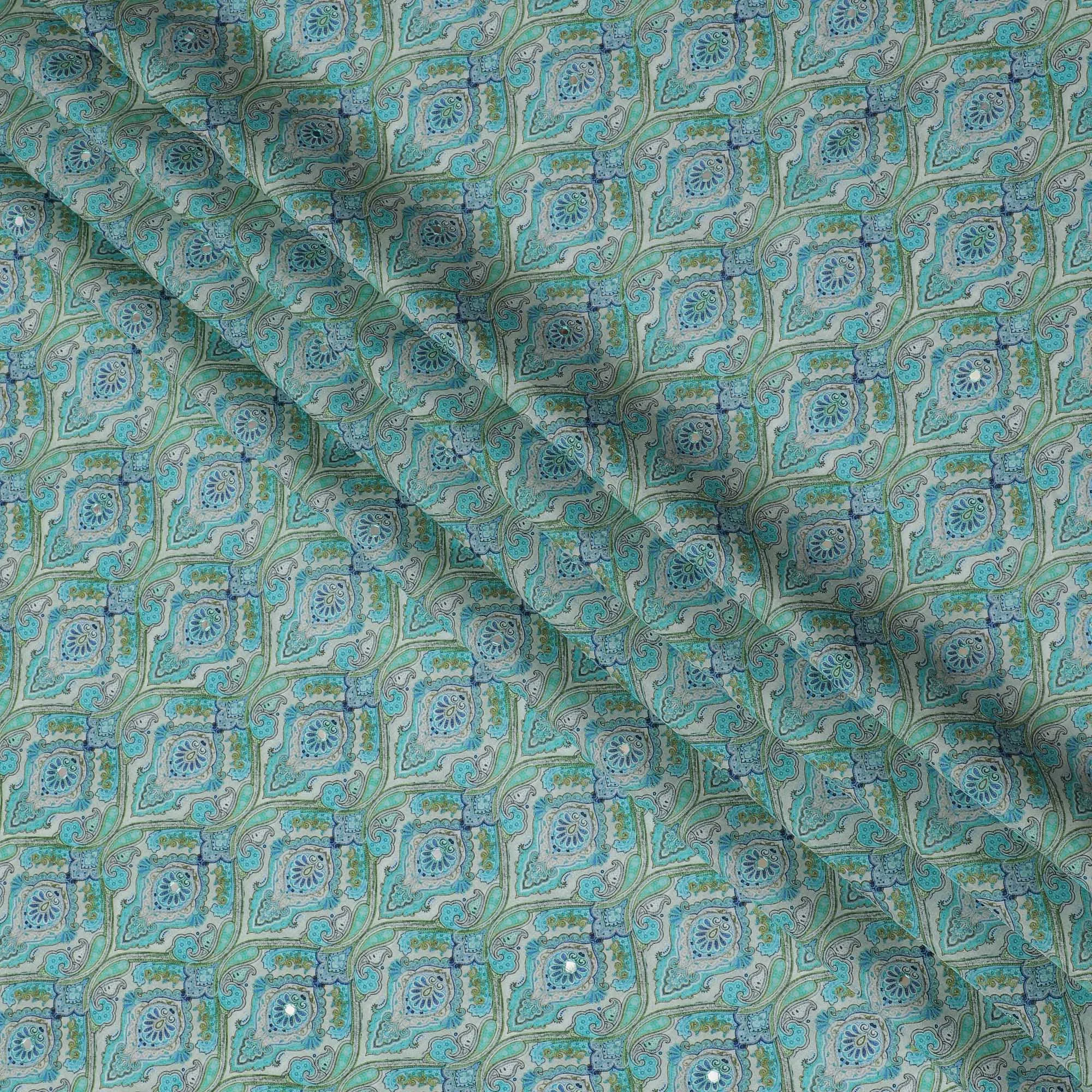 Aqua Blue and Green Paisley Viscose Crepe Printed Fabric - 110 cm Wide-D20008