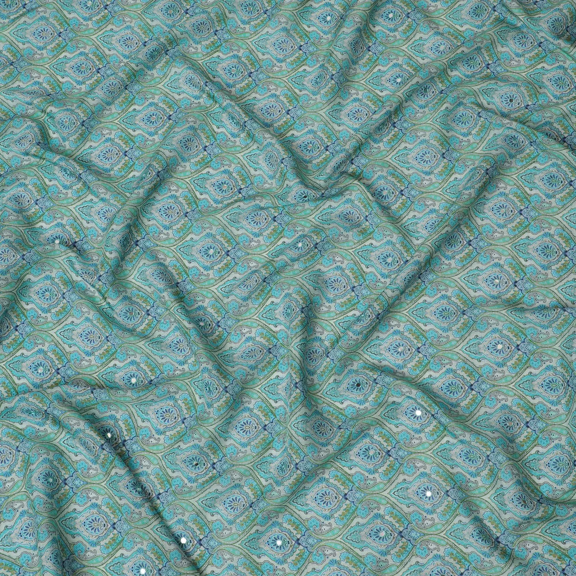 Aqua Blue and Green Paisley Viscose Crepe Printed Fabric - 110 cm Wide-D20008