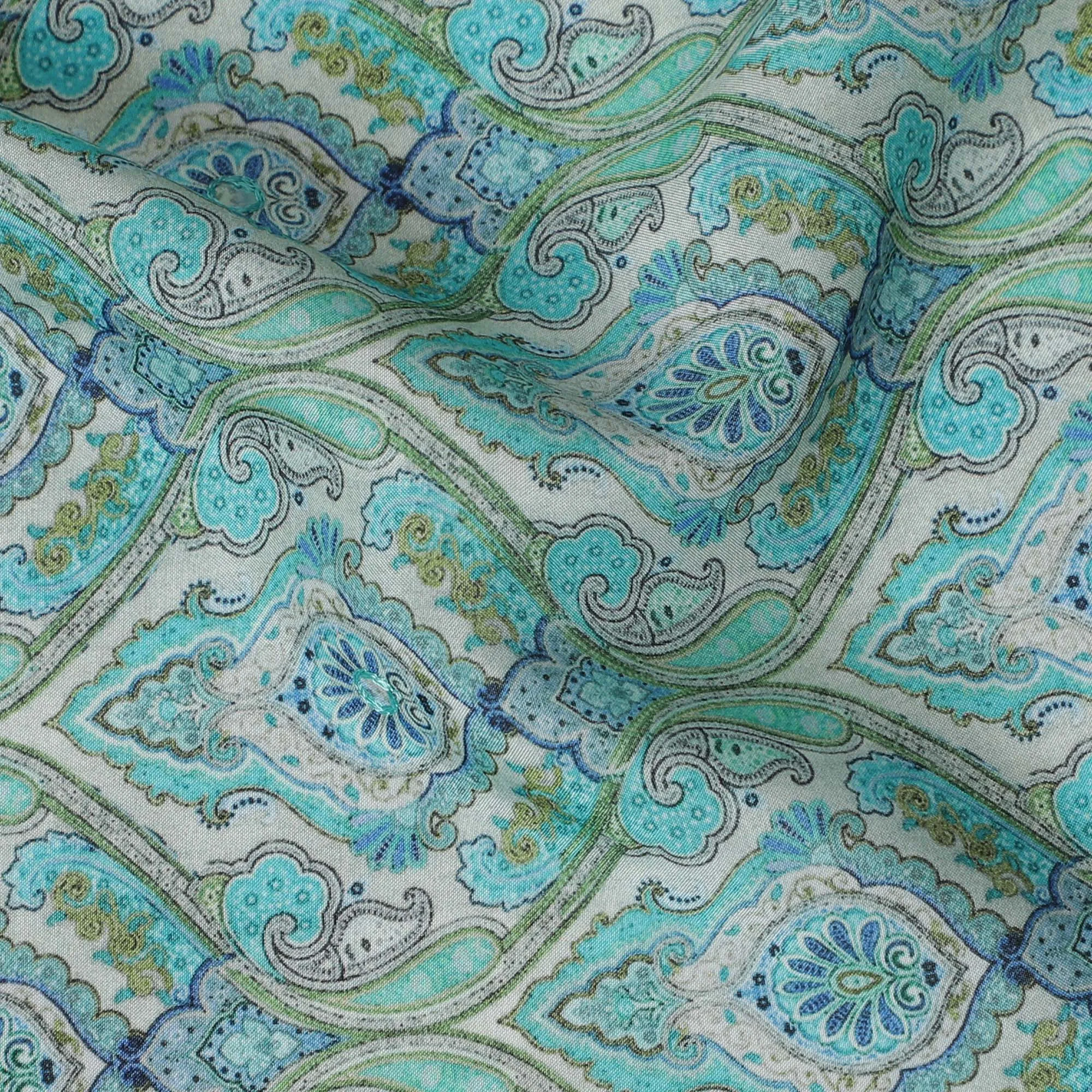 Aqua Blue and Green Paisley Viscose Crepe Printed Fabric - 110 cm Wide-D20008