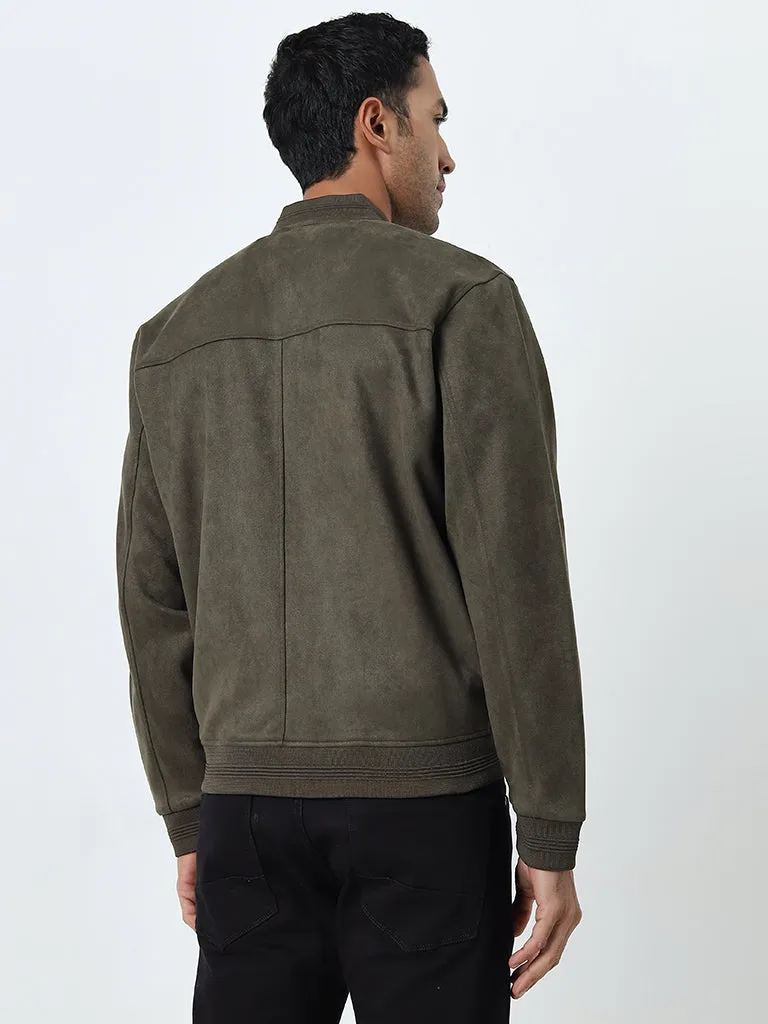 Ascot Olive Faux Suede Relaxed-Fit Bomber Jacket