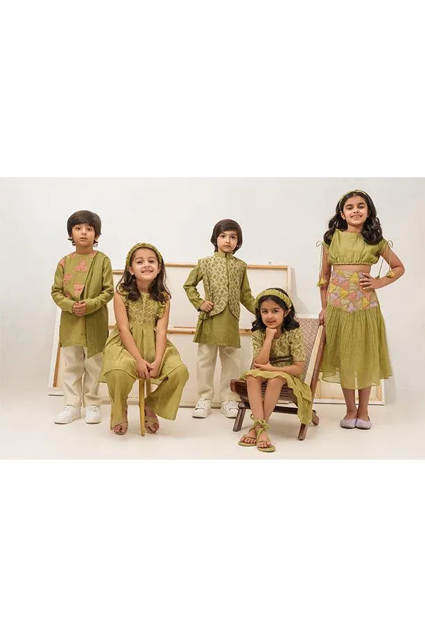 Baby Bumblebee- Green Chanderi Silk Hand Embroidered Frilled Co-ord Set for Girls