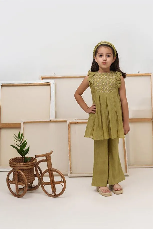 Baby Bumblebee- Green Chanderi Silk Hand Embroidered Frilled Co-ord Set for Girls