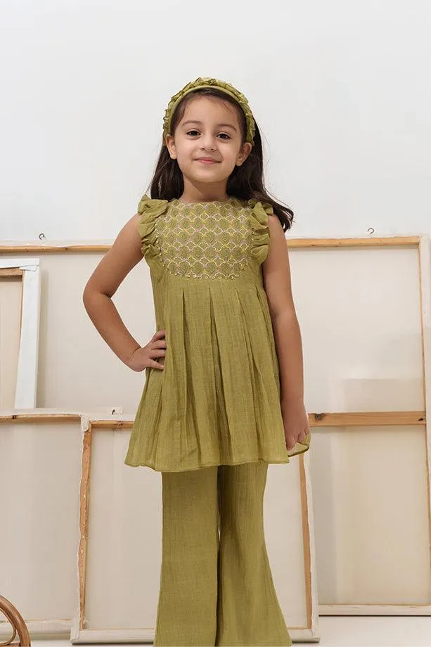 Baby Bumblebee- Green Chanderi Silk Hand Embroidered Frilled Co-ord Set for Girls