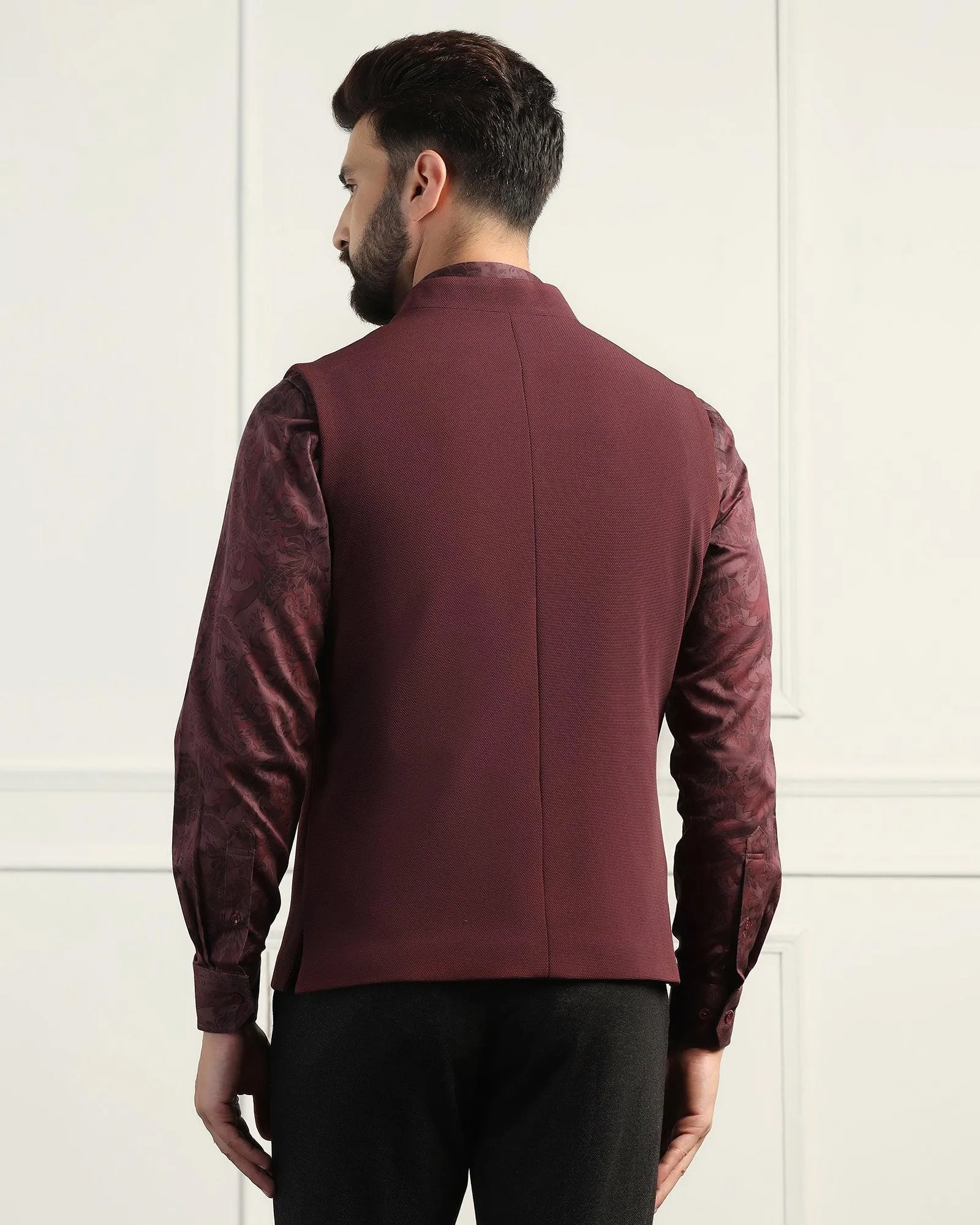 Bandhgala Formal Maroon Textured Waistcoat - Sail