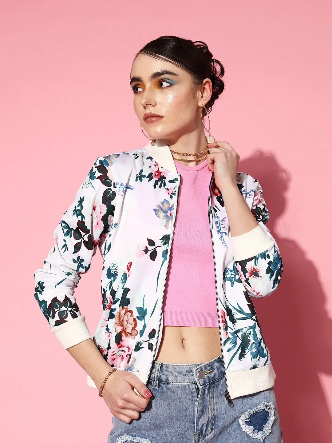 Berrylush Women White & Blue Floral Printed Mock Collar Neck Two-Pocket Straight Hem Bomber Regular Jacket