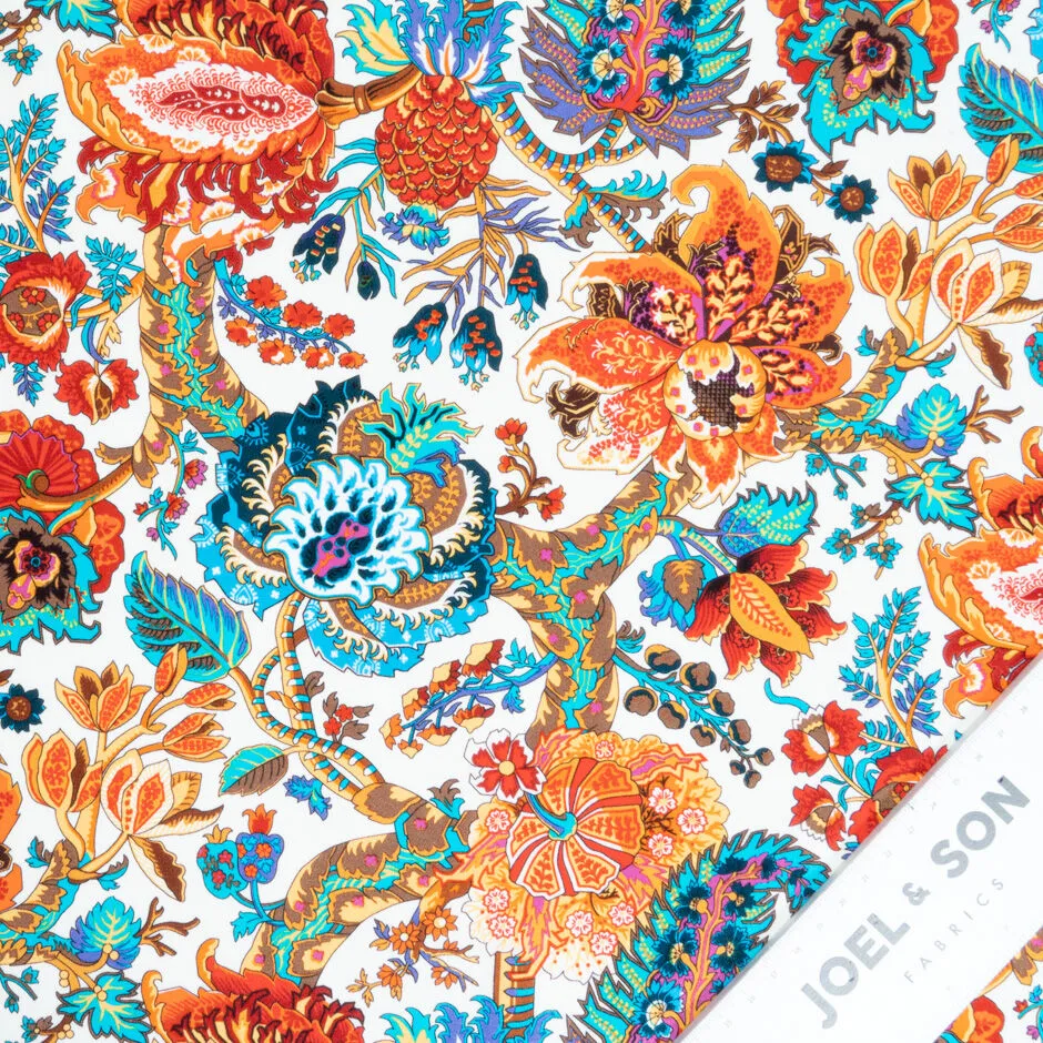 Bold Orange & Blue Floral Printed White Silk Crêpe de Chine