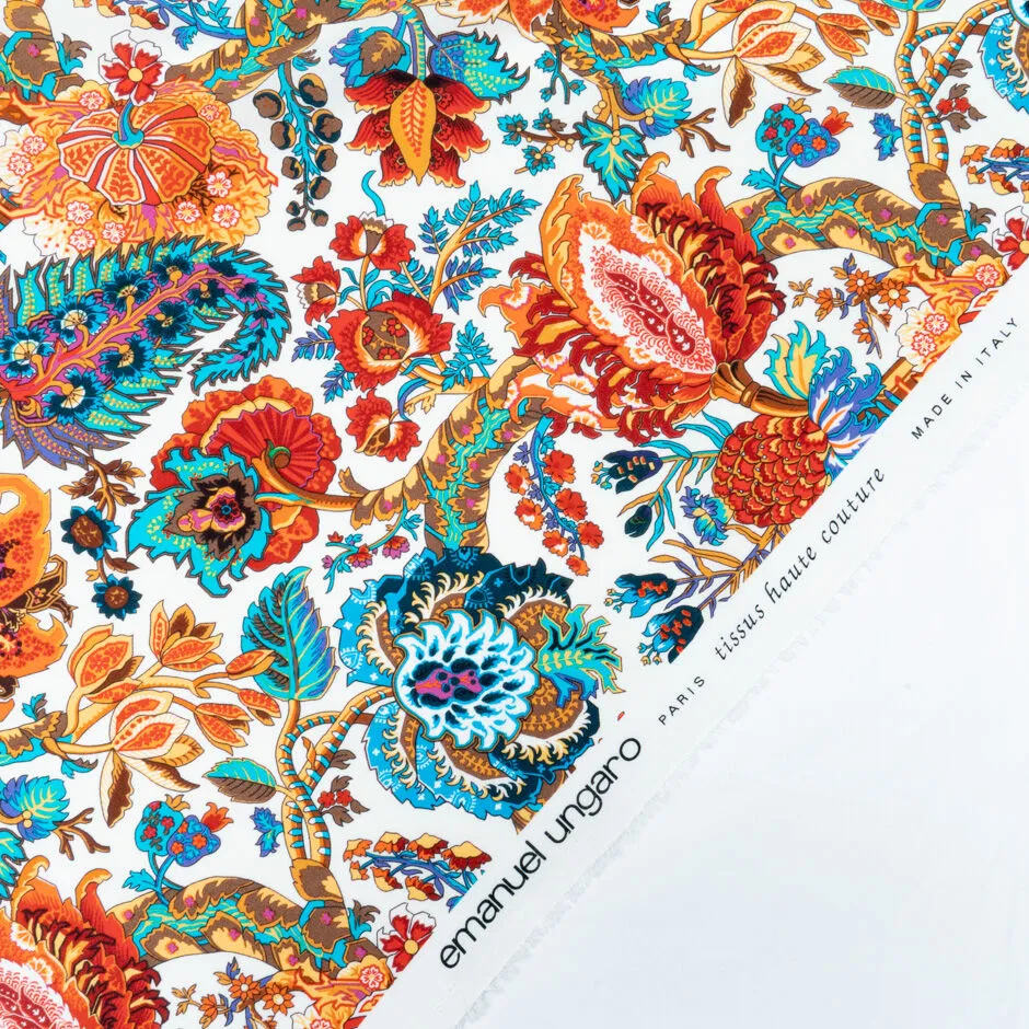 Bold Orange & Blue Floral Printed White Silk Crêpe de Chine