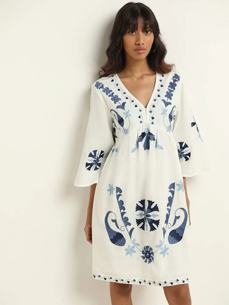 Bombay Paisley White Cotton Blended Linen Dress