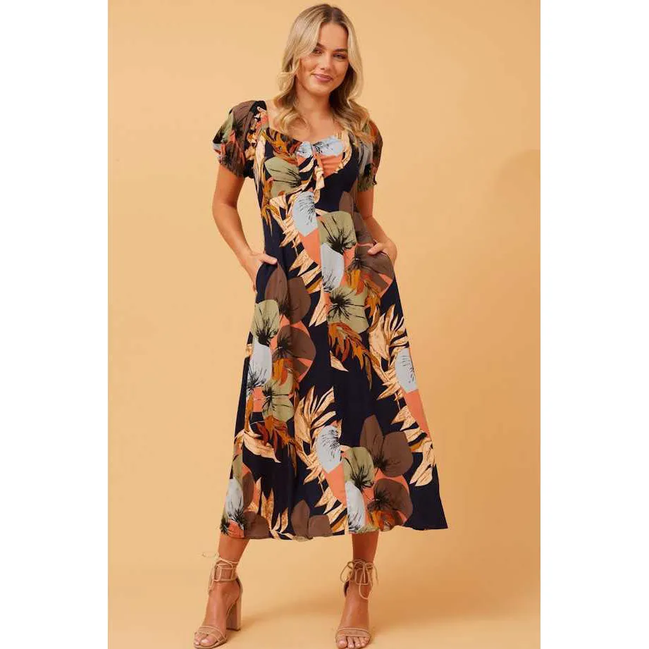 Bow Front Midi Dress - Multi Navy