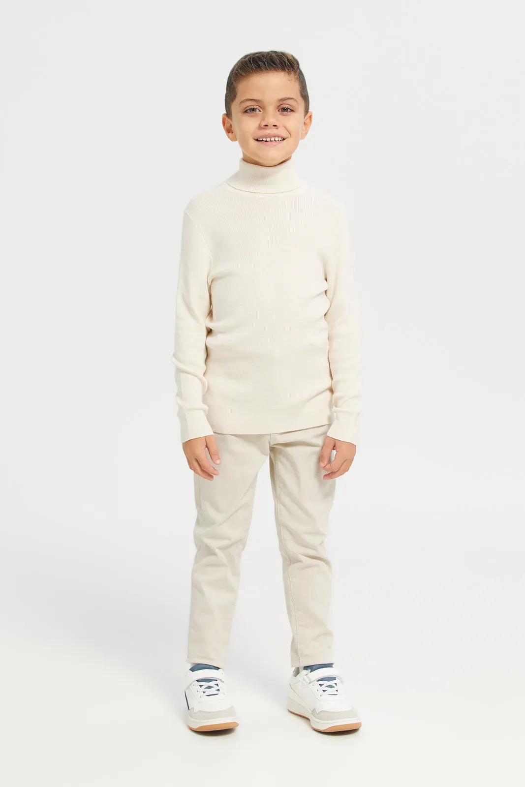 Boys Cream Plain High Neck Pullover