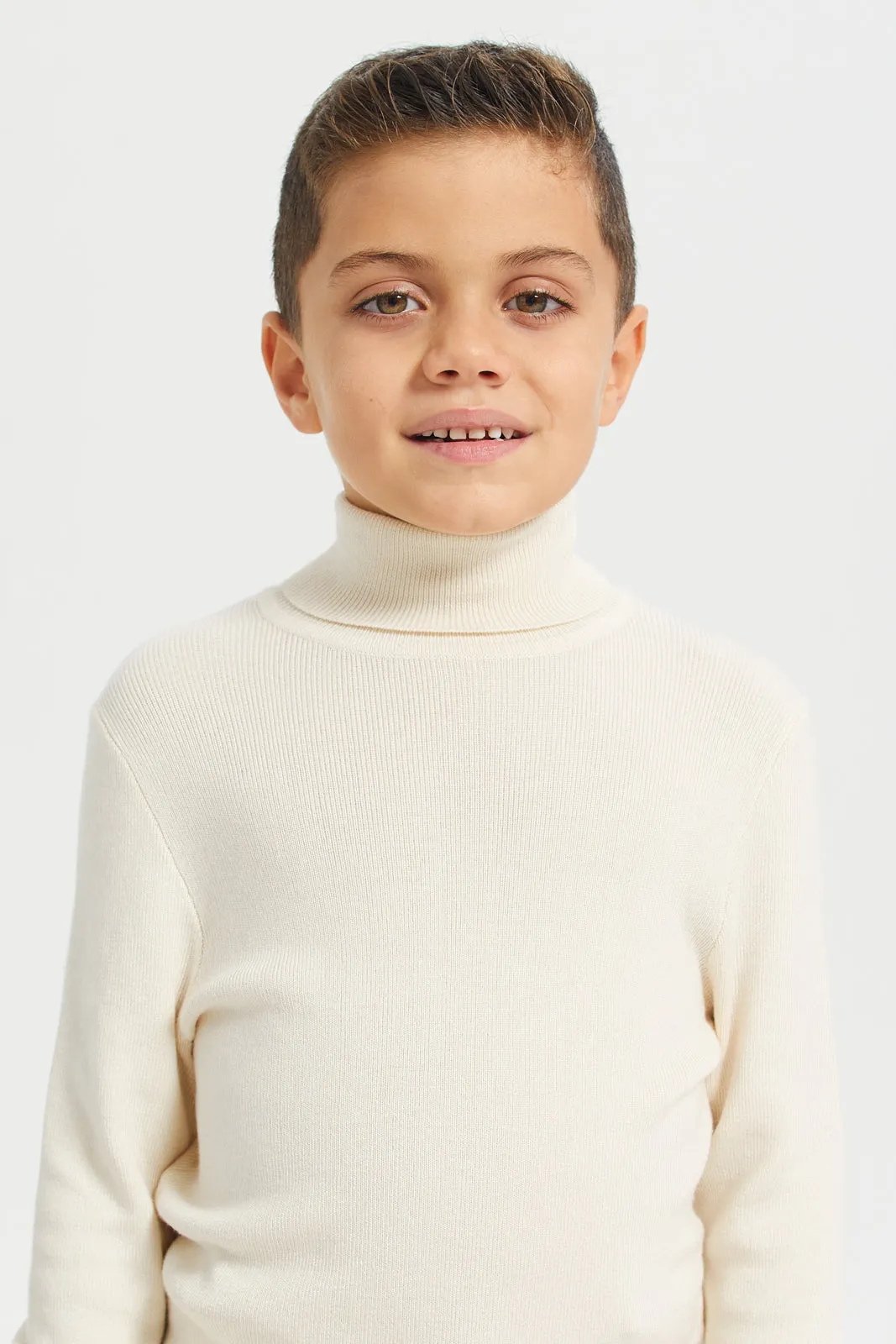 Boys Cream Plain High Neck Pullover