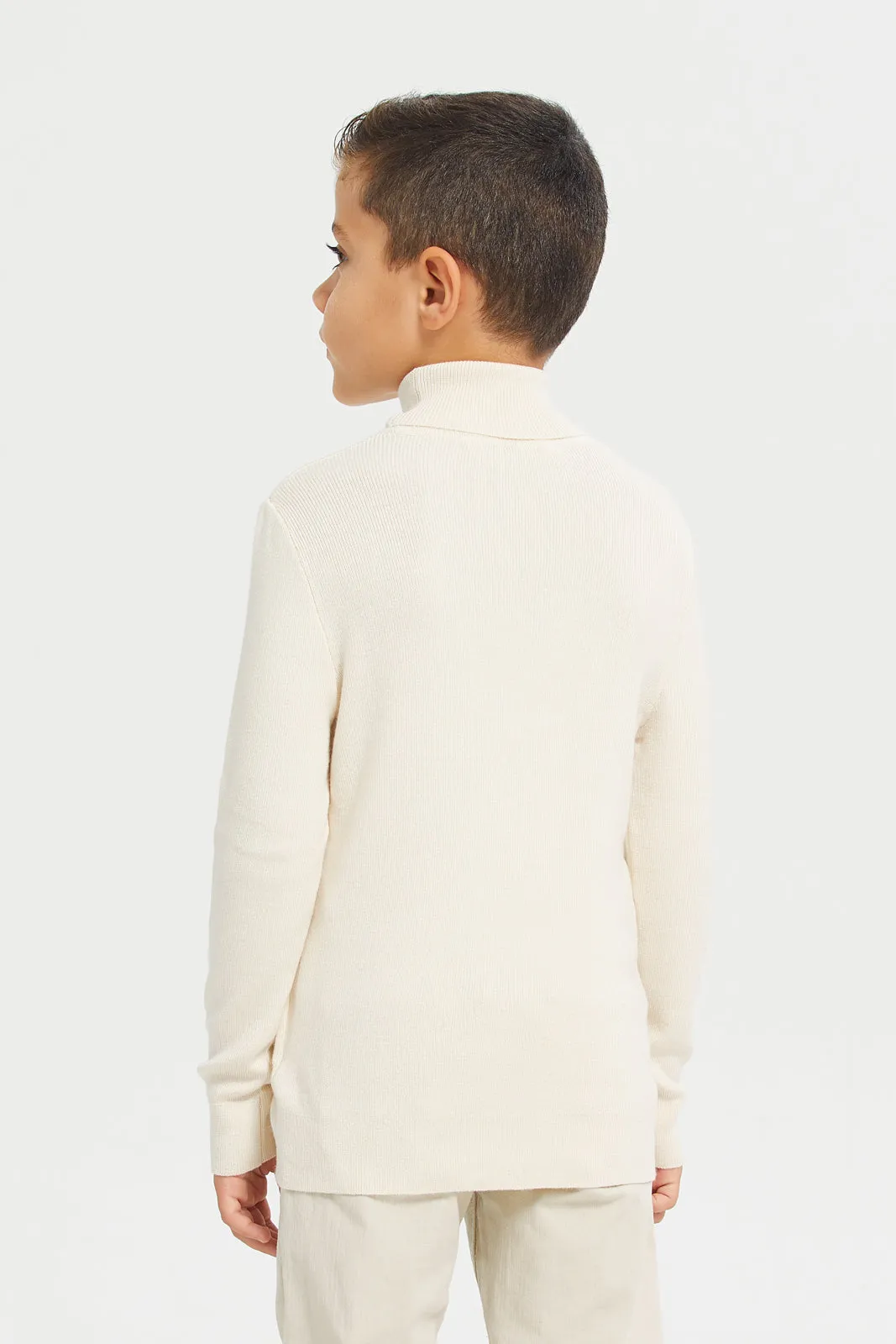 Boys Cream Plain High Neck Pullover