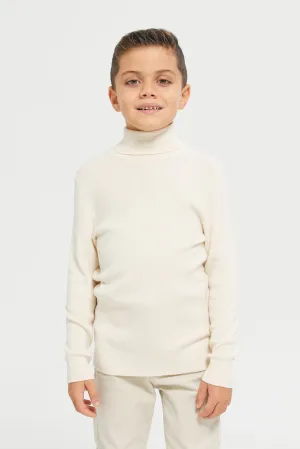 Boys Cream Plain High Neck Pullover