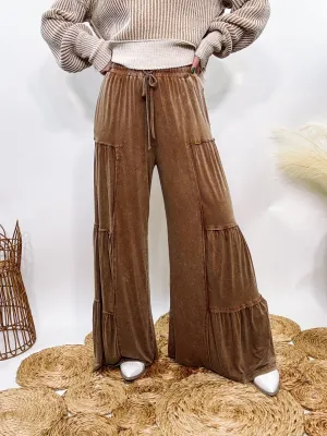 Brown Acid Washed Tiered Flared Wide Leg Boho Pants