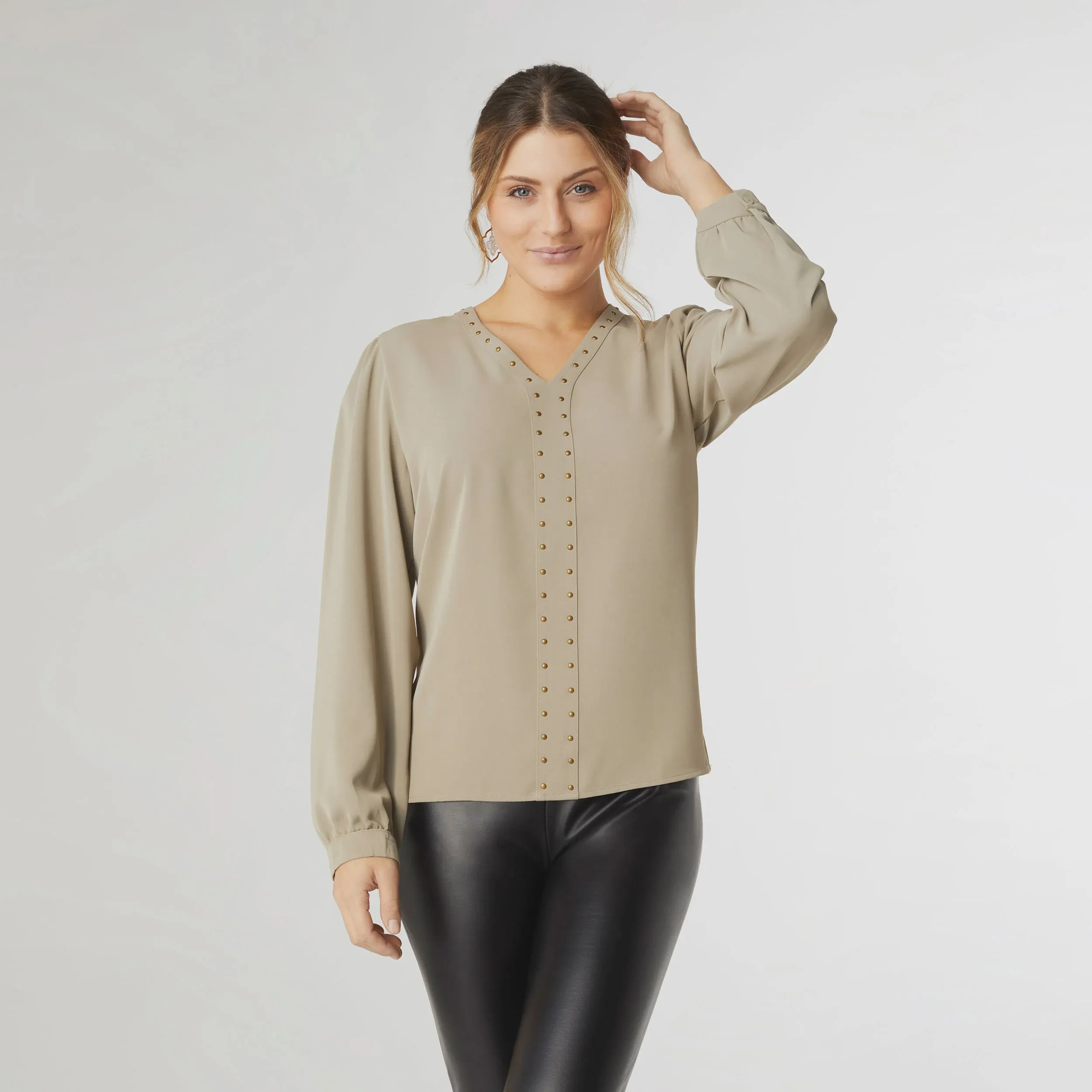 Chloe V-Neck Blouse with Studs | Olive