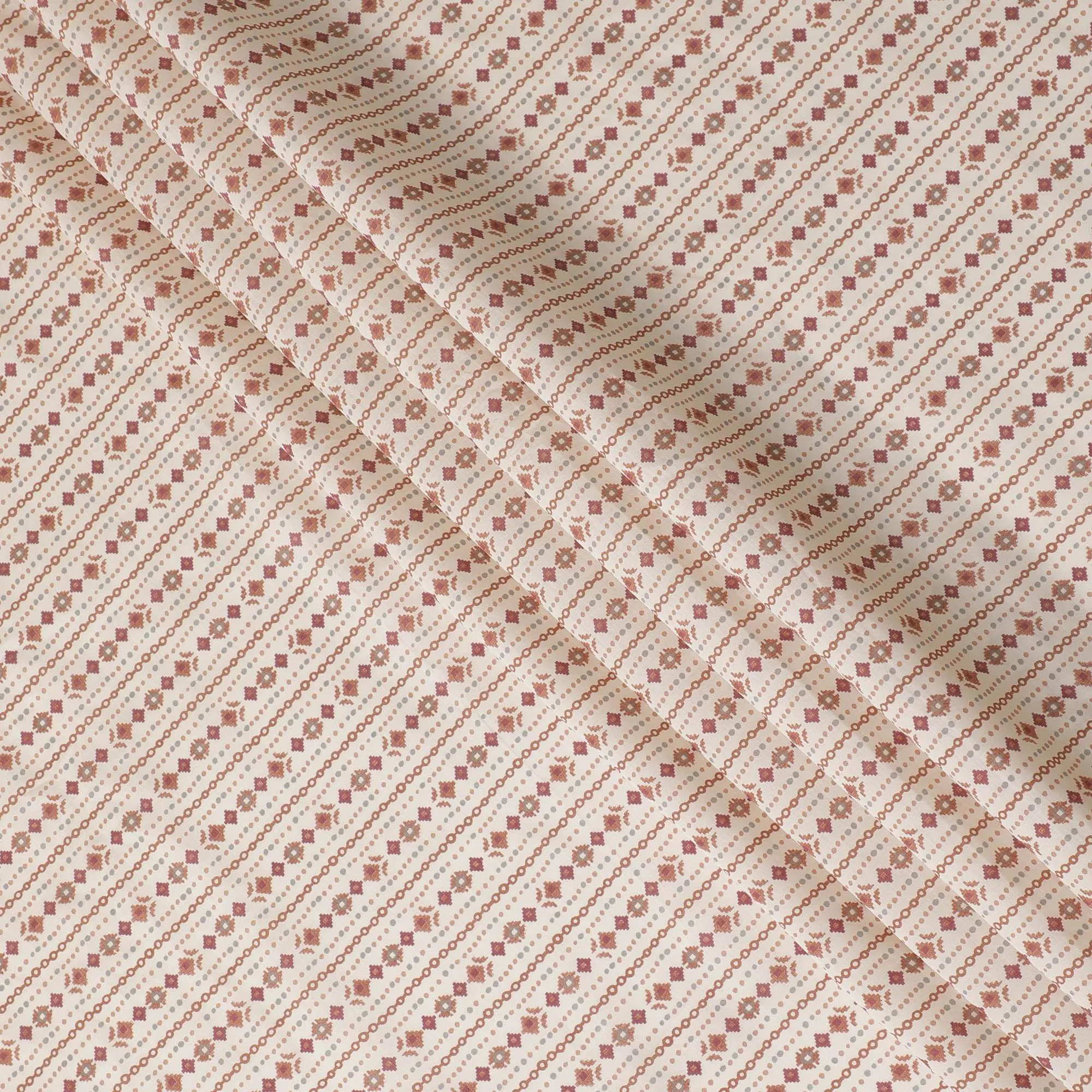 Cream synthetic blended cotton fabric with brown and brick red print in floral design-D16405