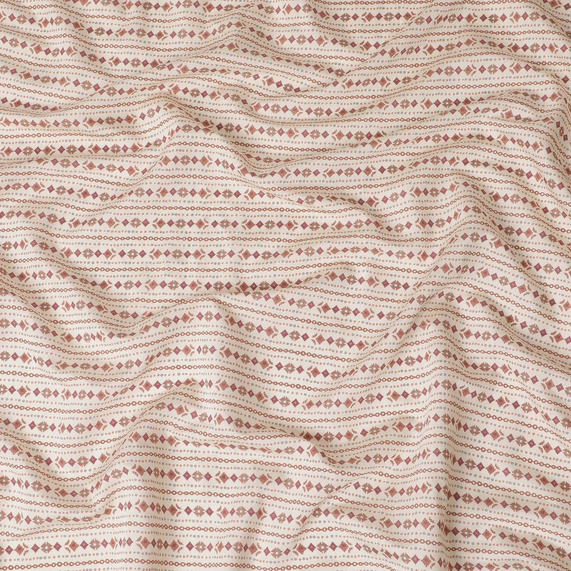 Cream synthetic blended cotton fabric with brown and brick red print in floral design-D16405