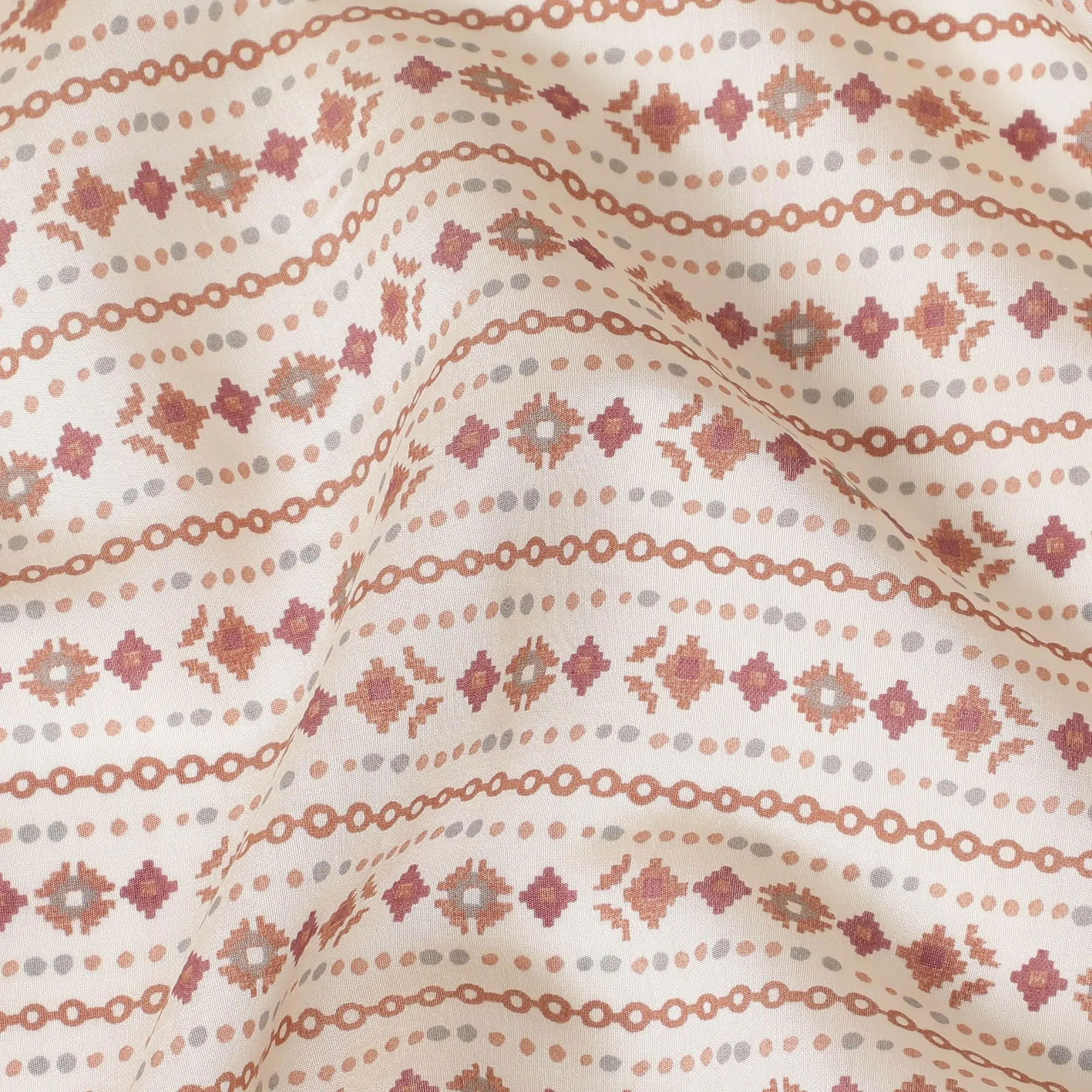 Cream synthetic blended cotton fabric with brown and brick red print in floral design-D16405