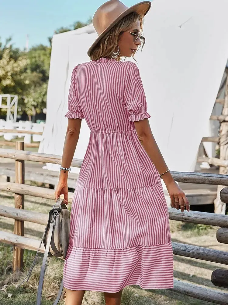 DressBetty - 2024 Elegant Striped V-Neck Lantern Sleeve Boho Dress