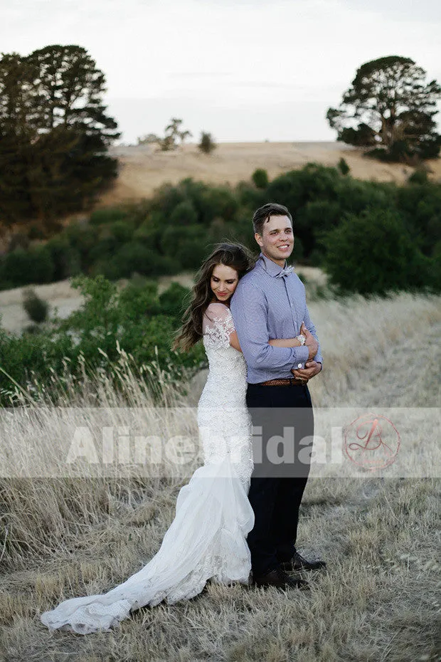 Elegant Gorgeous Affordable Beaded Lace V-neck Short Sleeve Mermaid Wedding Dresses, AB1128