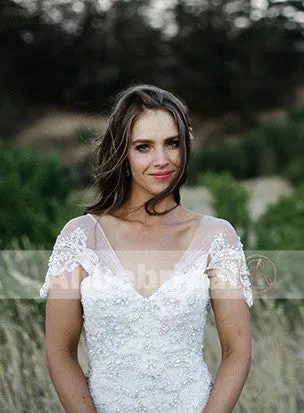 Elegant Gorgeous Affordable Beaded Lace V-neck Short Sleeve Mermaid Wedding Dresses, AB1128