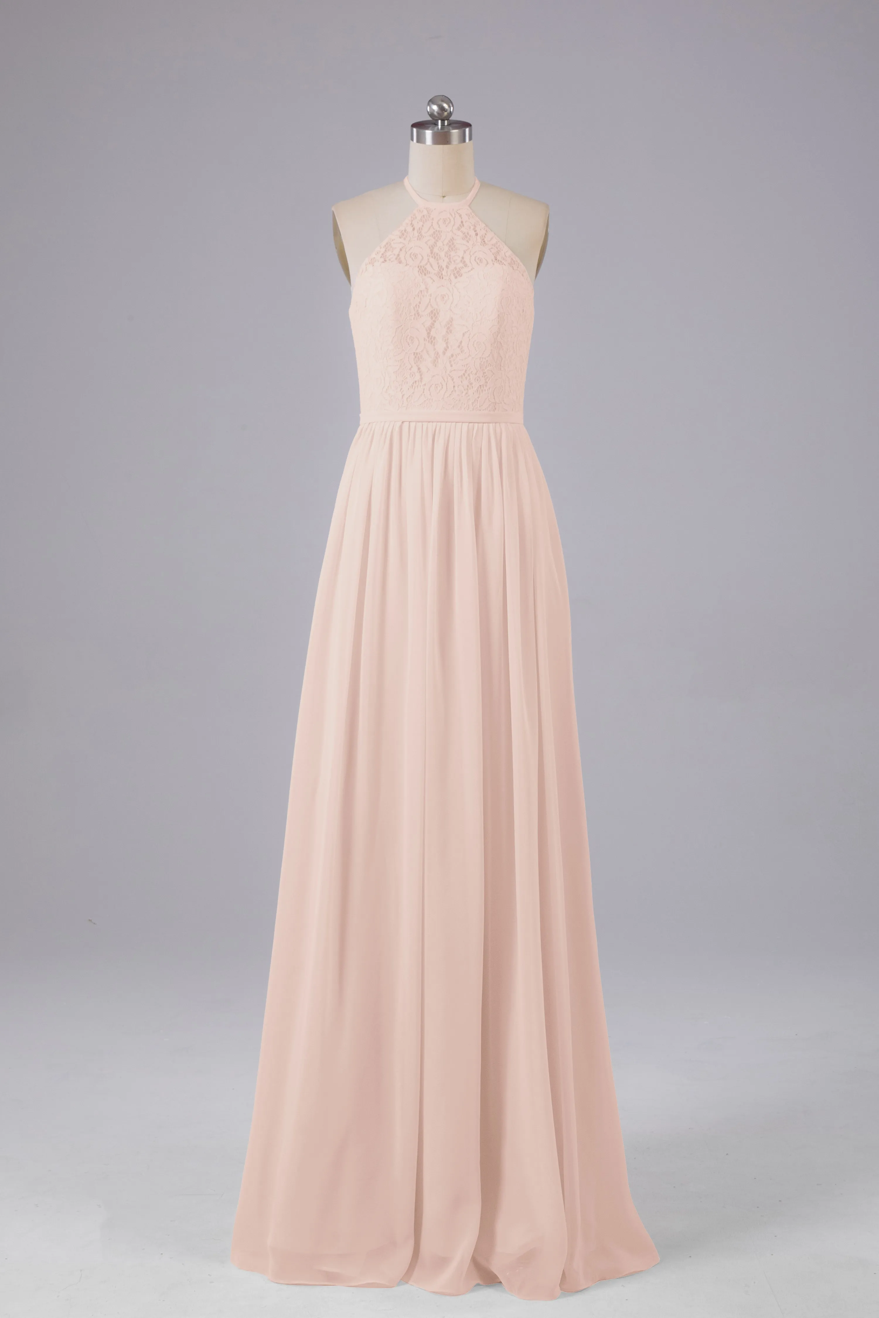 Elegant Keyhole Halter Lace Long Bridesmaid Dresses