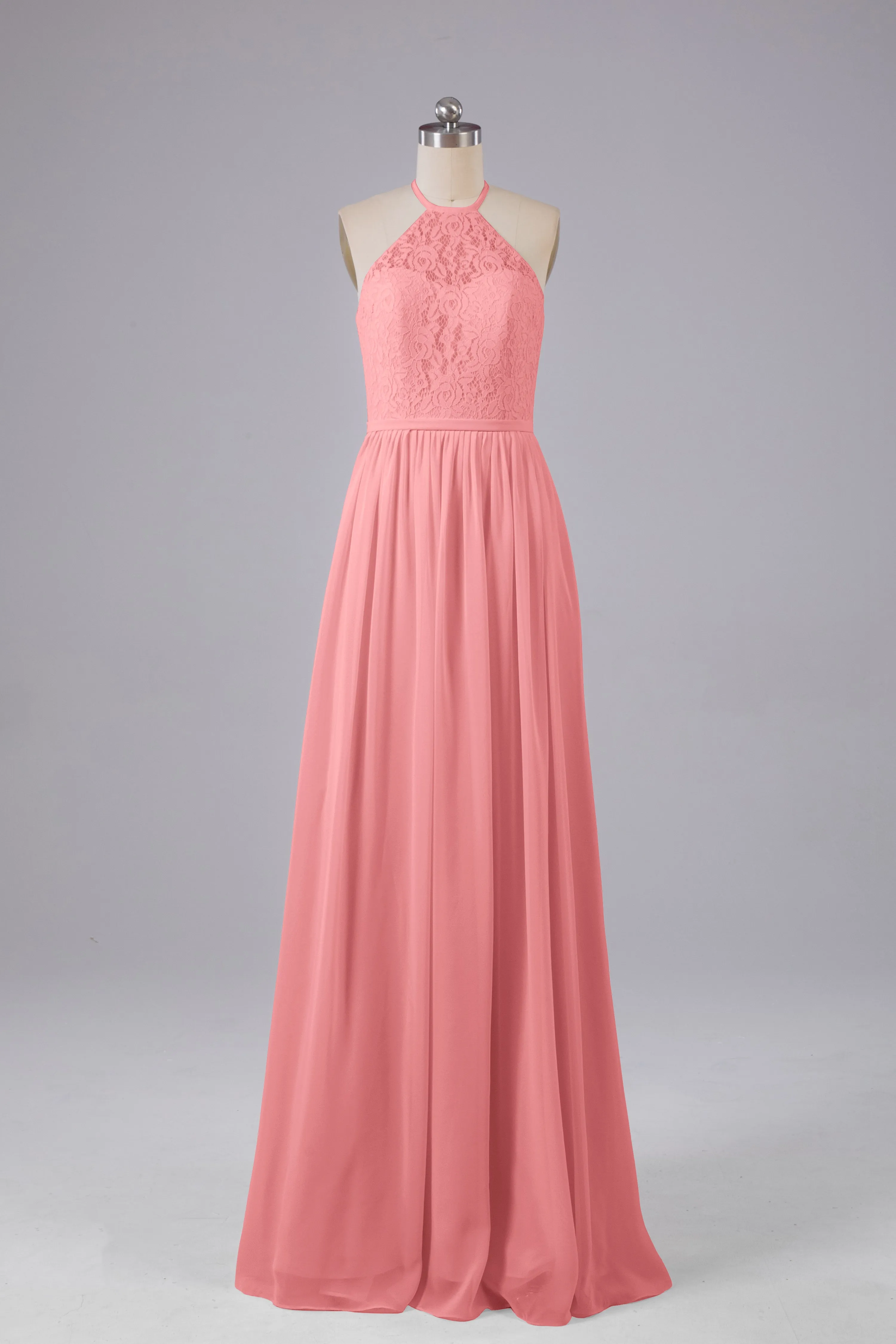 Elegant Keyhole Halter Lace Long Bridesmaid Dresses