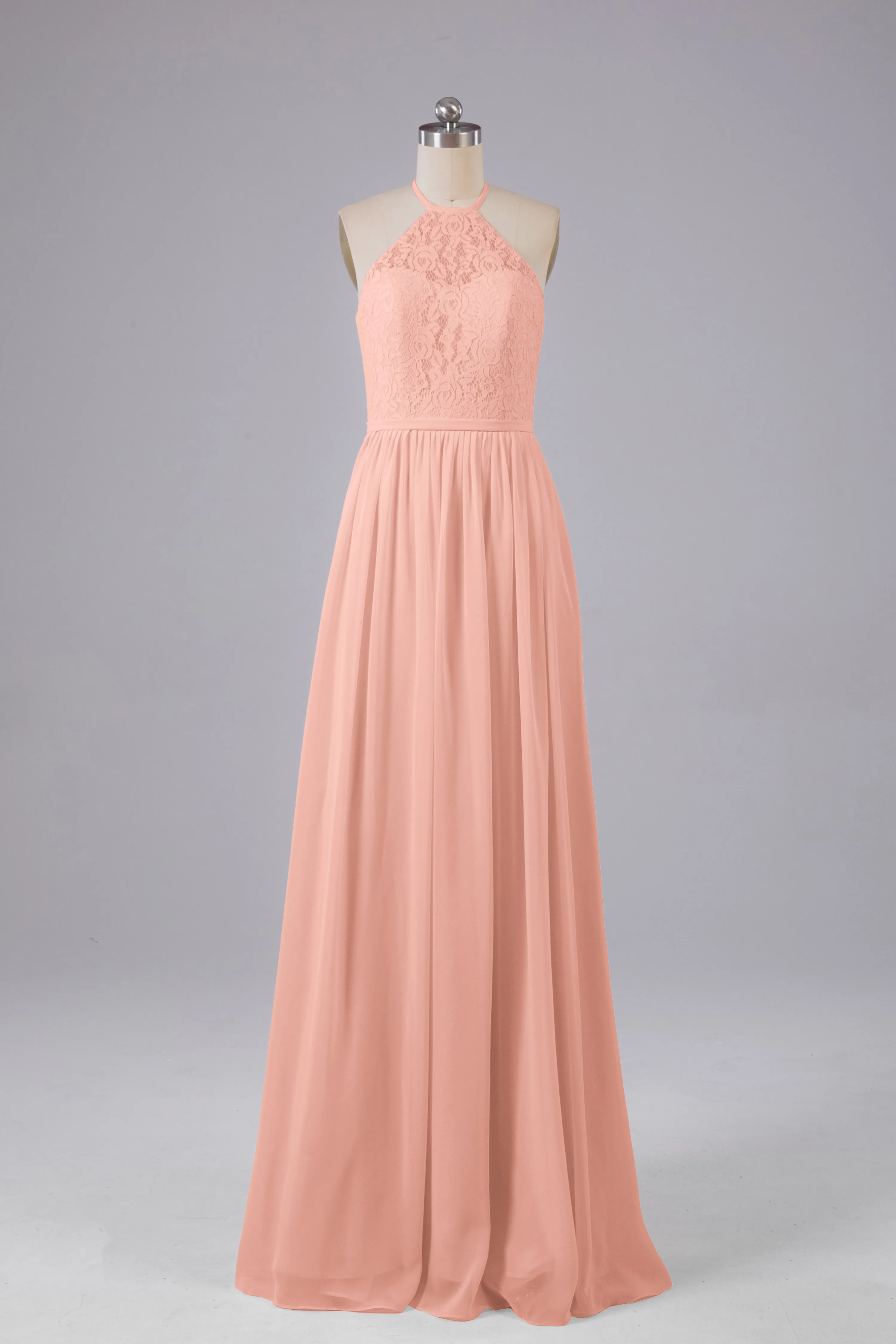 Elegant Keyhole Halter Lace Long Bridesmaid Dresses