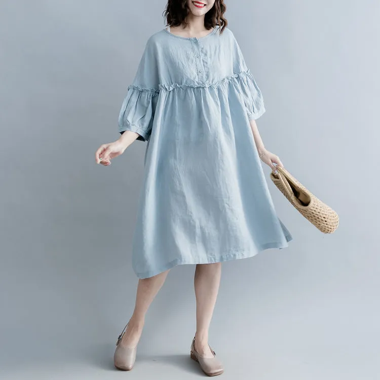 Elegant light blue pure cotton linen dress plus size linen cotton dress fine lantern sleeve Cinched o neck baggy dresses cotton linen dresses