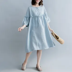 Elegant light blue pure cotton linen dress plus size linen cotton dress fine lantern sleeve Cinched o neck baggy dresses cotton linen dresses