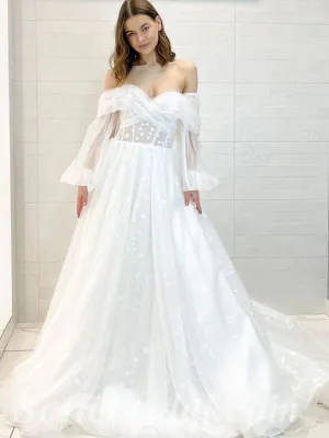 Elegant Off Shoulder Long Sleeves V-Neck A-Line Long Wedding Dresses,SFWD0074