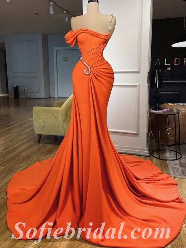 Elegant Orange Satin One Shoulder Sleeveless Mermaid Long Prom Dresses With Decoration,SFPD0398