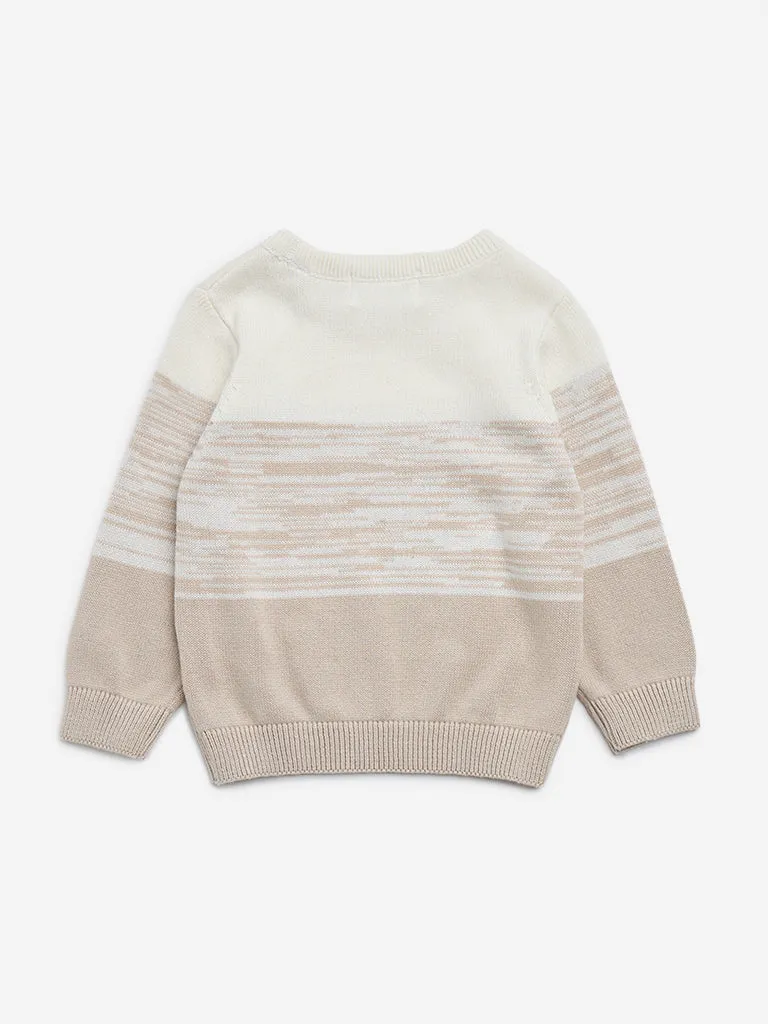 HOP Baby Beige Knitted Striped Cotton Sweater