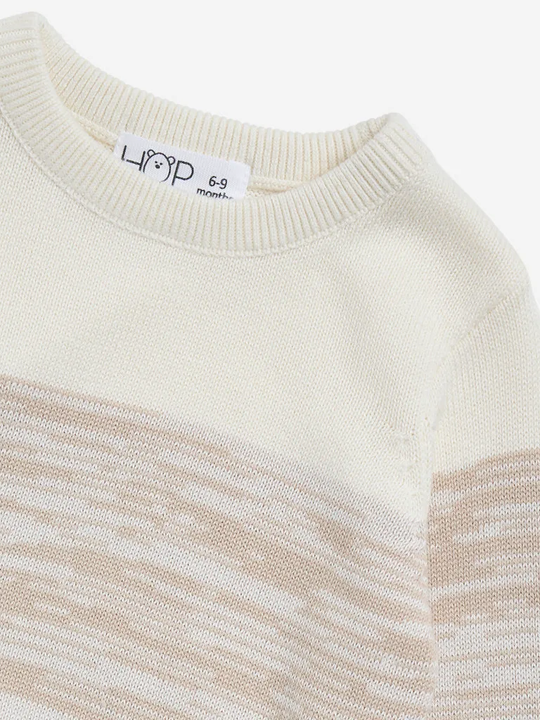 HOP Baby Beige Knitted Striped Cotton Sweater