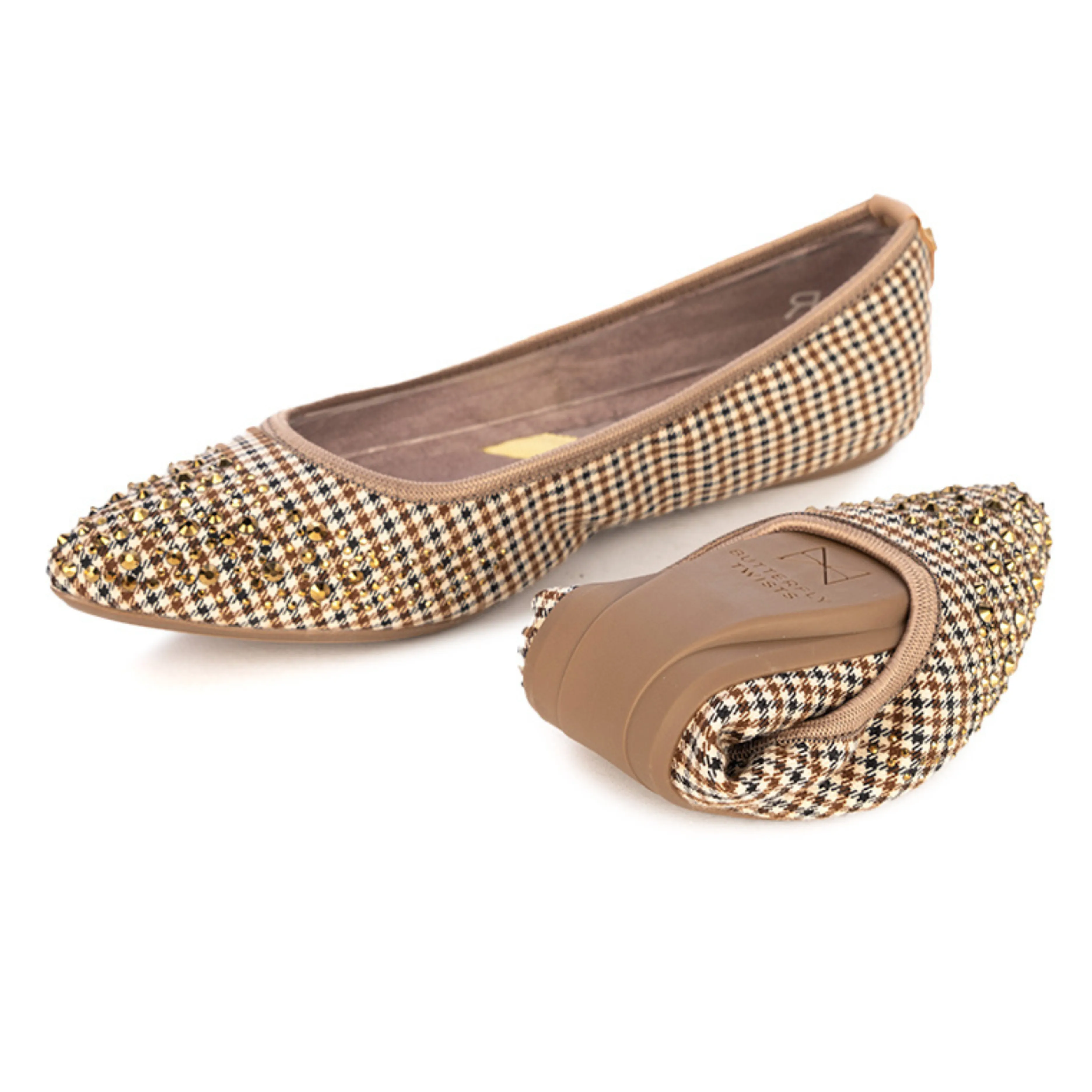 JANEY Ballet Flat Shoes - Brown/Tan Check W/ Crystals