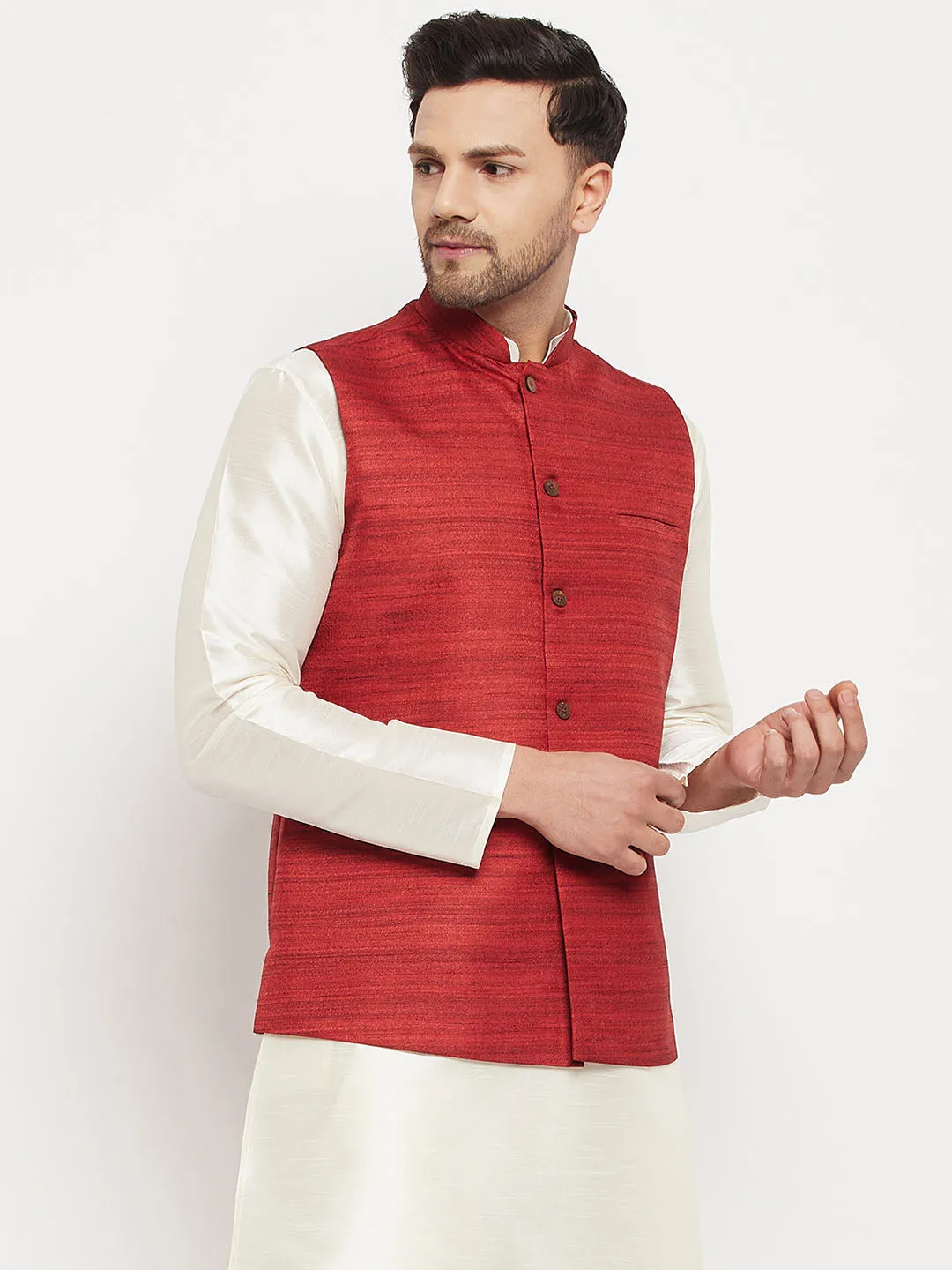 Jashvi Men's Maroon Silk Blend Nehru Jacket