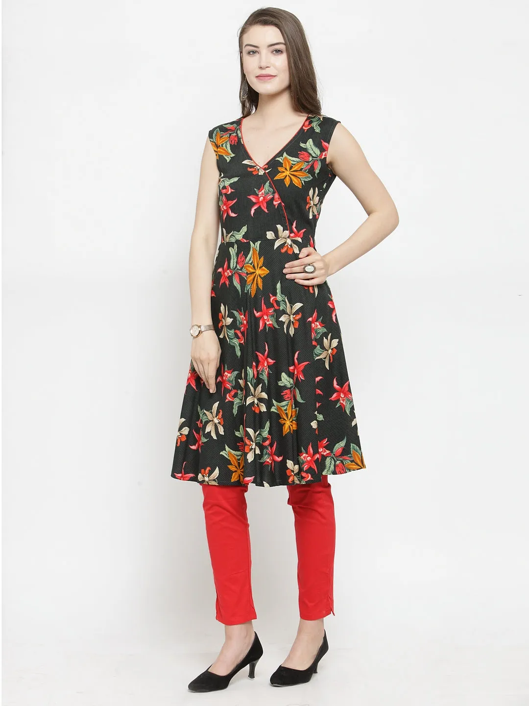 Jashvi Women Black & Red Floral Printed Rayon A-Line Kurta