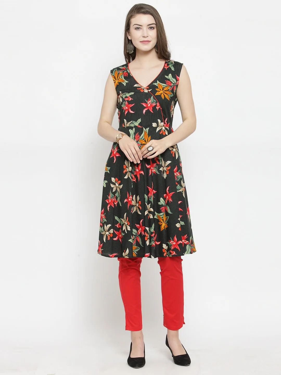 Jashvi Women Black & Red Floral Printed Rayon A-Line Kurta