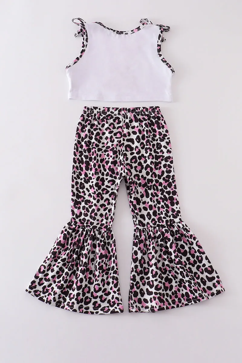 Leopard barbie applique girl bell pants set