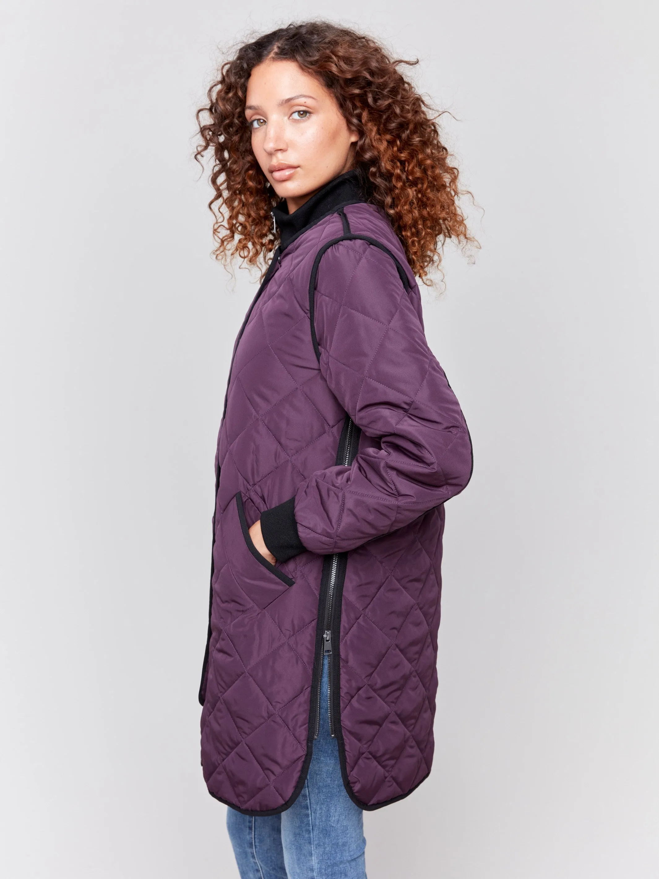 Long Quilted Puffer Jacket - Plum