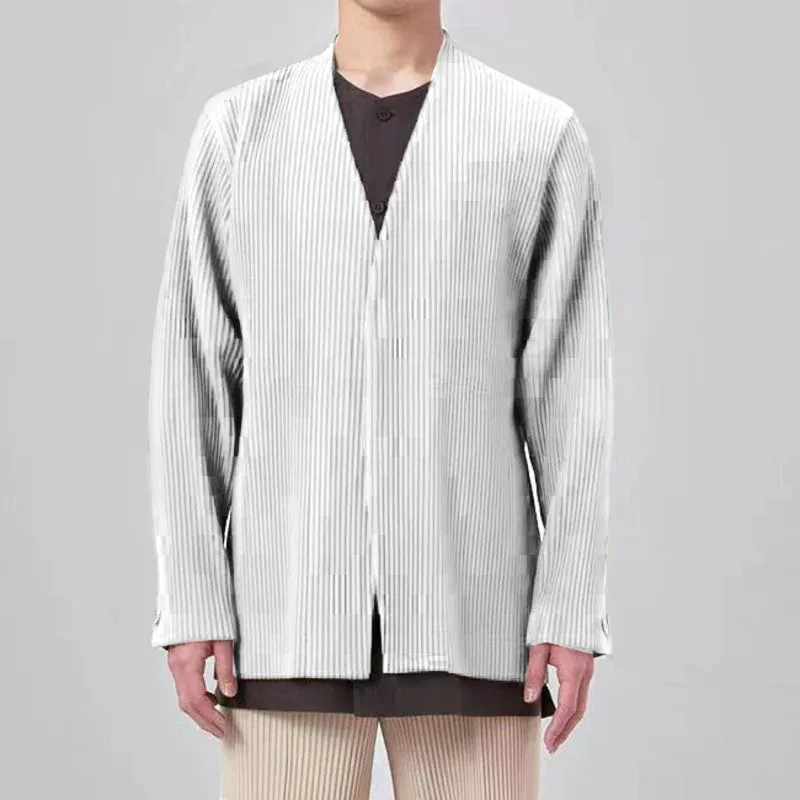 Men Trendy Pleated Jacket Long Sleeve High-end V-neck Coat Summer Split Cuff Design Business Male Streetwear Top 9D1407