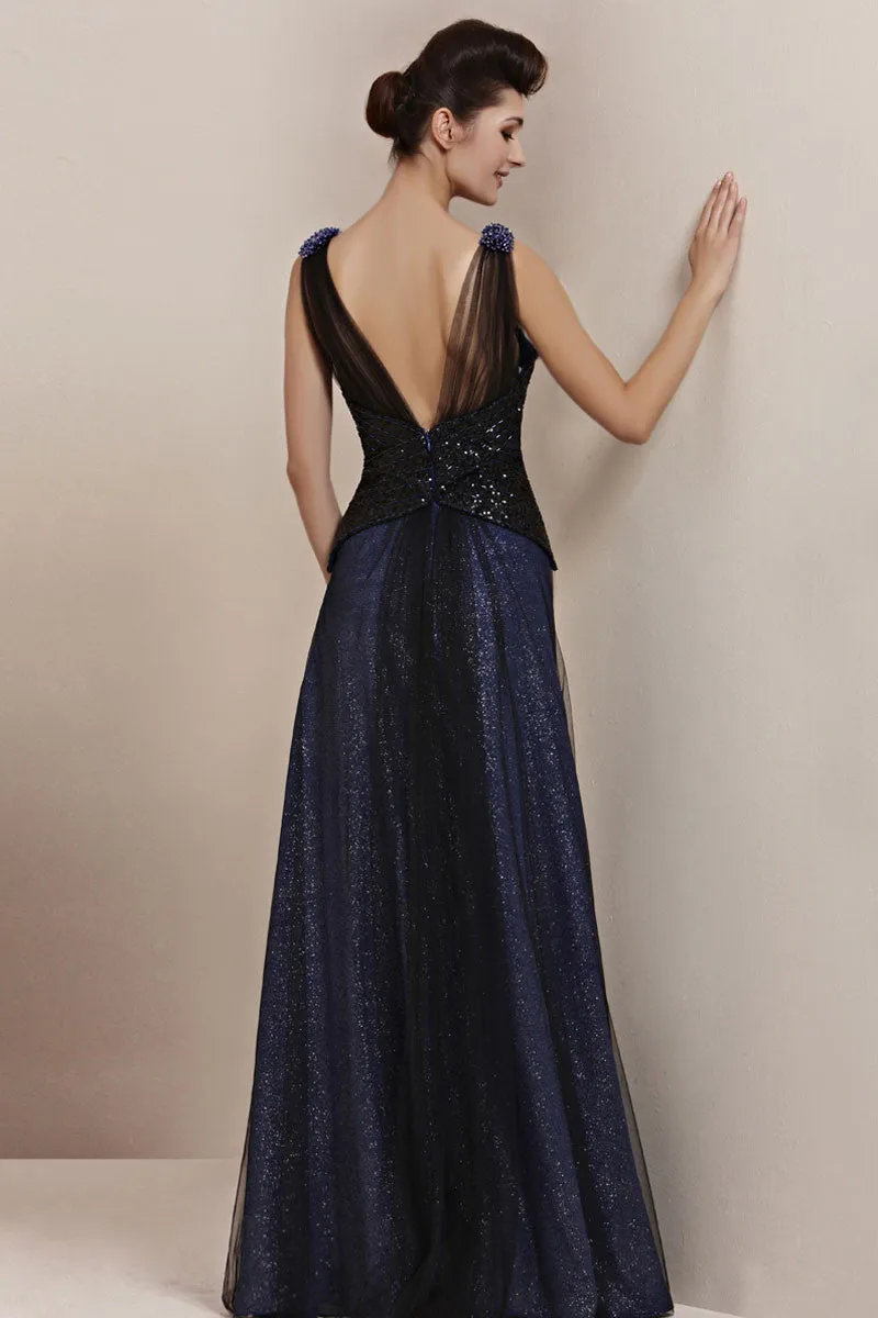 Midnight Navy Blue Elegant Low Back Pageant Black Tie Evening Cocktail Dress CX830091