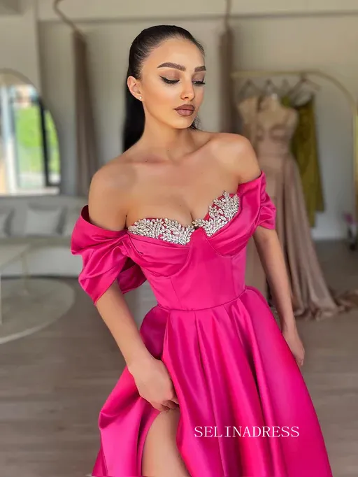 Off Shoulder A-Line Hot Pink Satin Elegant Evening Formal Long Prom Dresses SEW1159