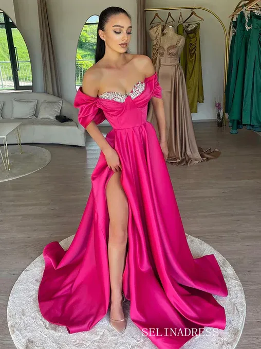 Off Shoulder A-Line Hot Pink Satin Elegant Evening Formal Long Prom Dresses SEW1159