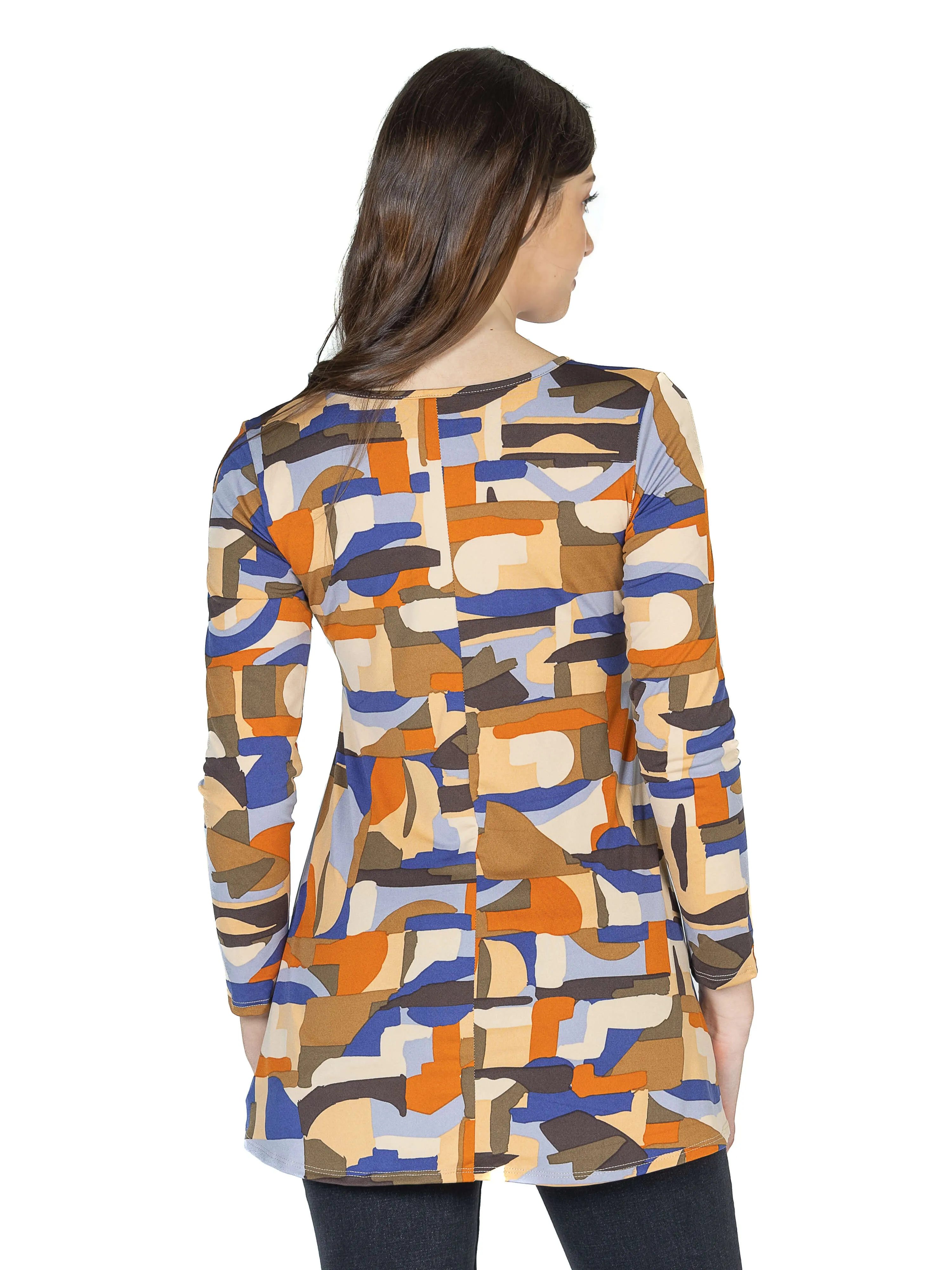 Orange Print Long Sleeve V Neck Tunic Top