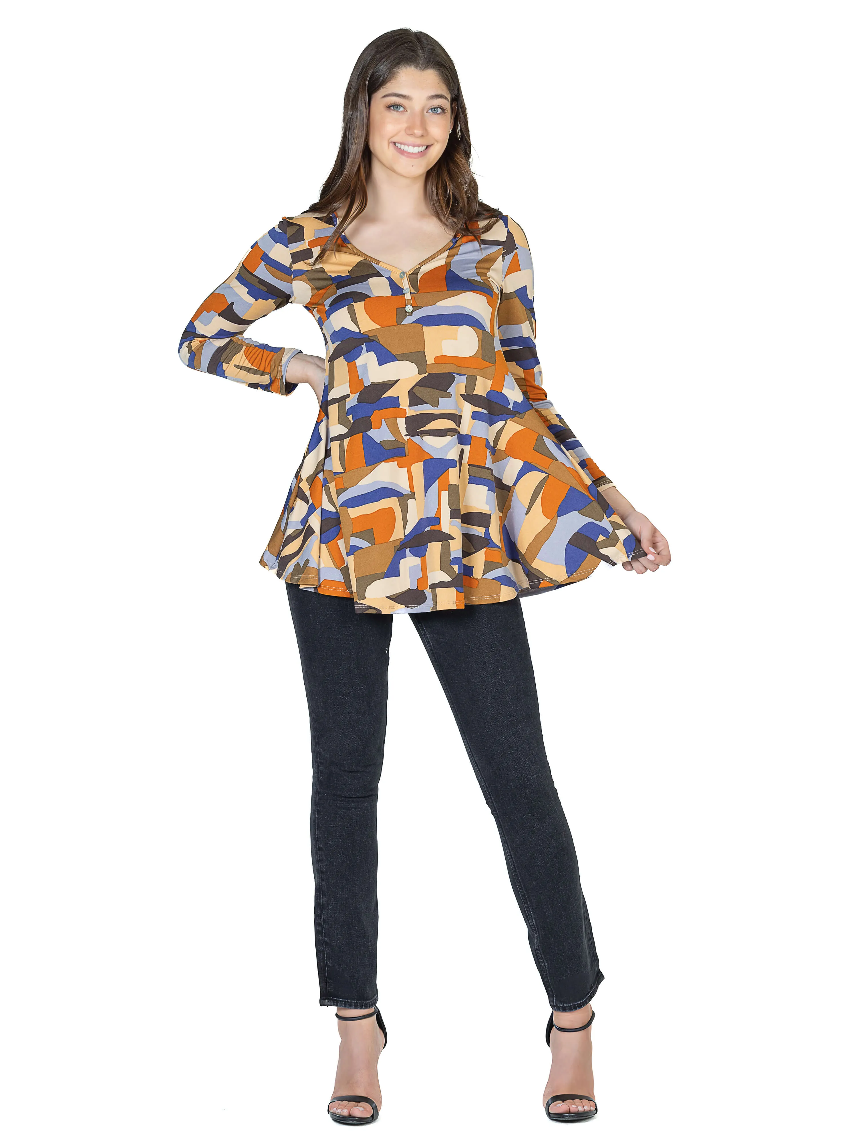 Orange Print Long Sleeve V Neck Tunic Top