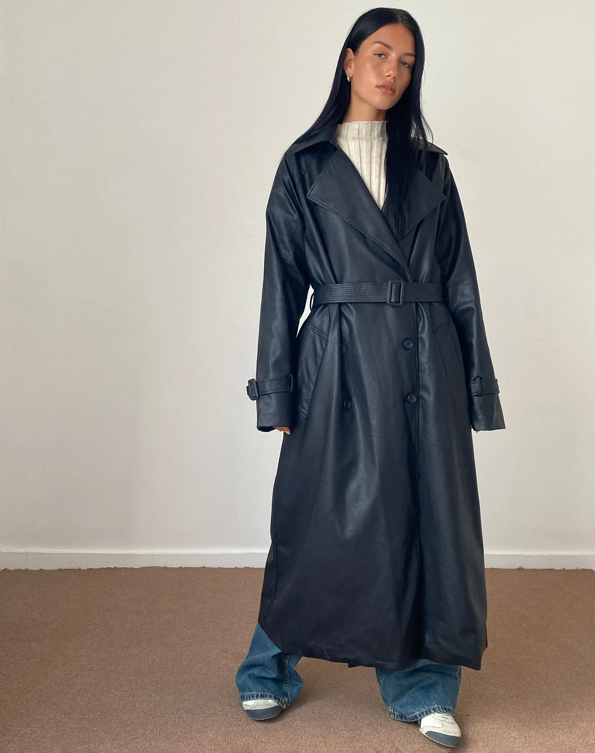 Orcati Double Breasted Trench Coat in Black PU